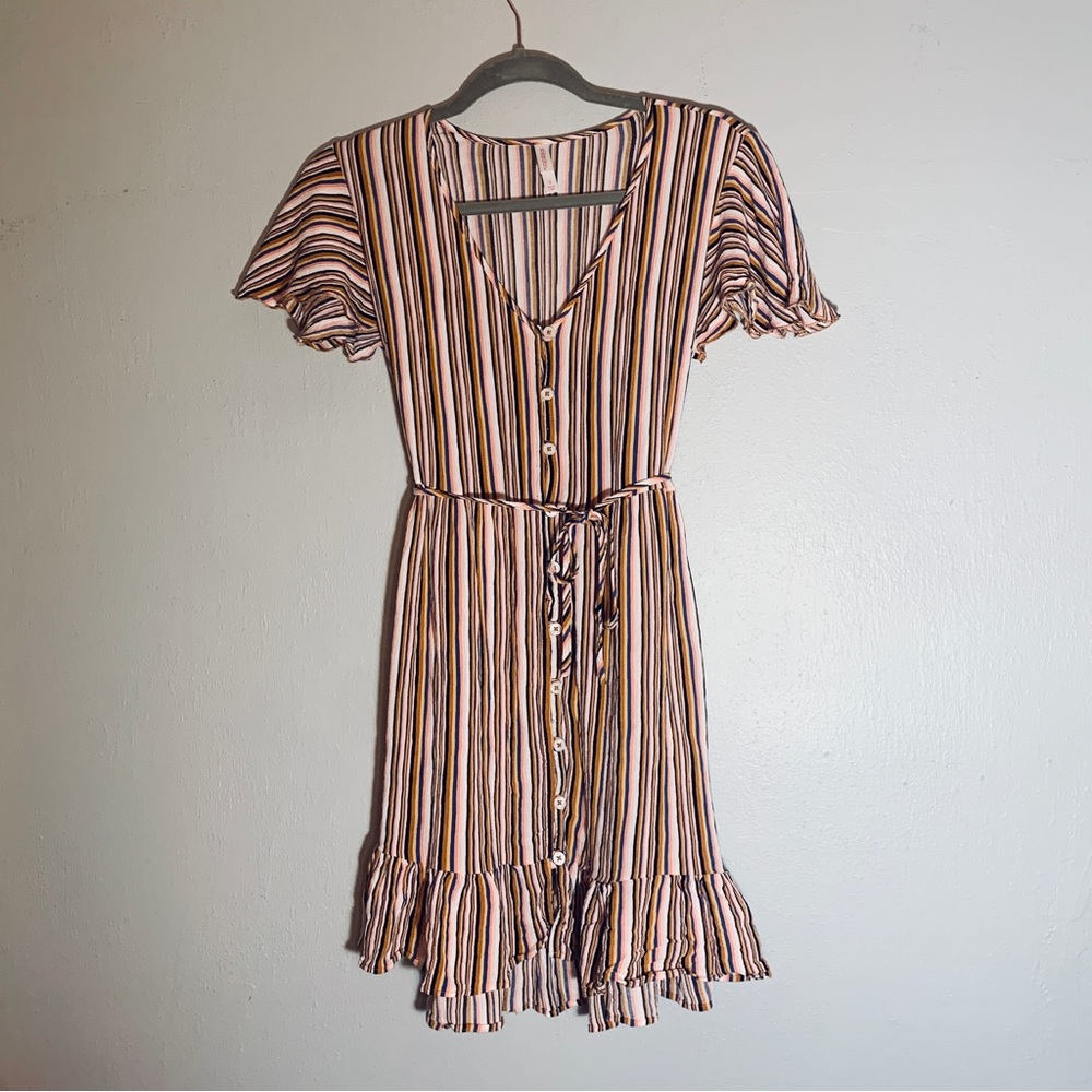 70s colorful xhilaration short slv striped button up dress / size S / ruffle hem